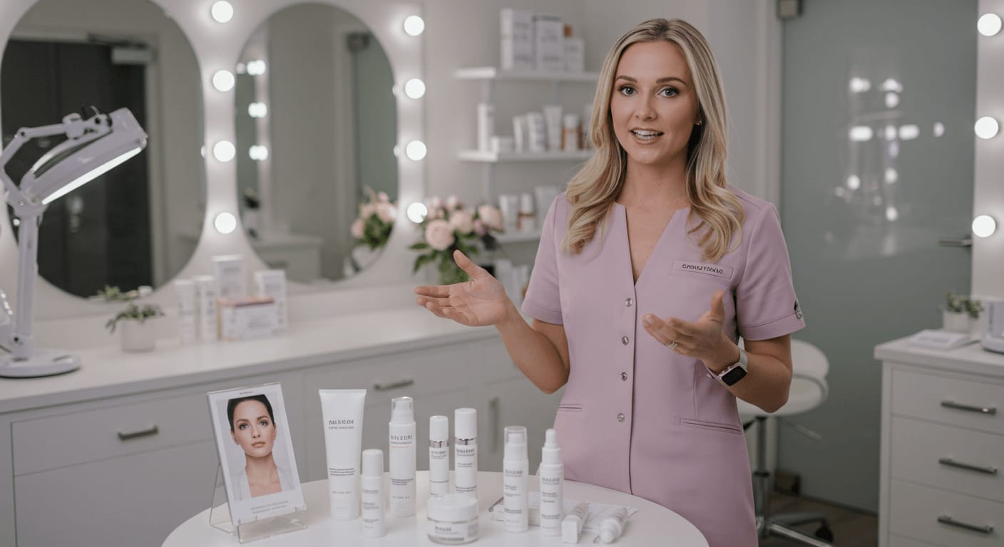 A skincare specialist in a pink uniform explaining a selection of professional skincare products in a beauty clinic.