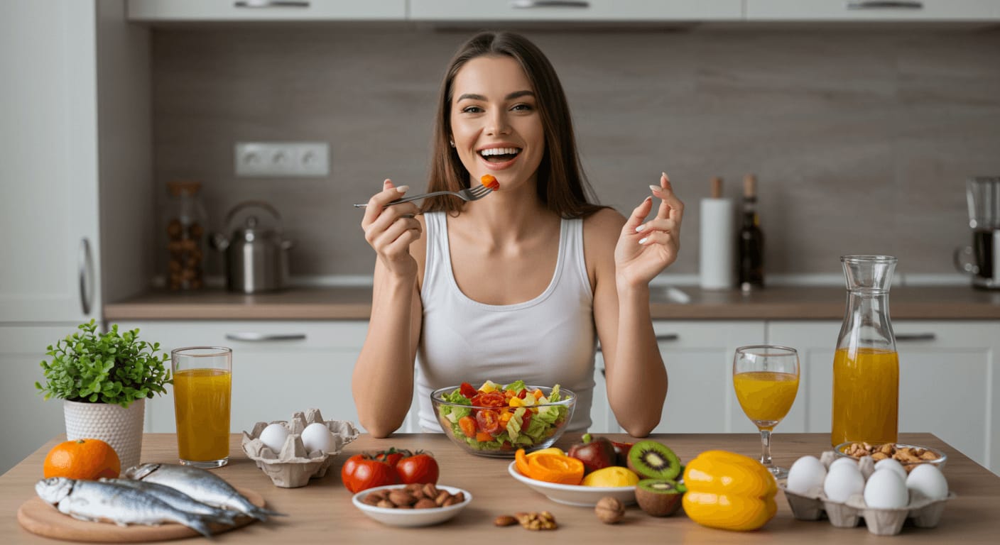 A smiling woman in a modern kitchen enjoying a fresh salad, surrounded by healthy foods like fruits, vegetables, eggs, nuts, and fish.