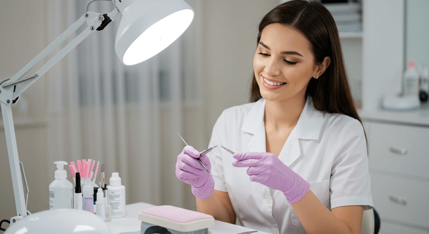 A professional nail technician wearing purple gloves prepares manicure tools at a well-equipped workstation.