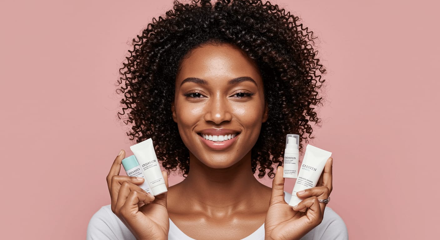 A smiling woman with curly hair holds four skincare products against a soft pink background, promoting acne-fighting solutions.