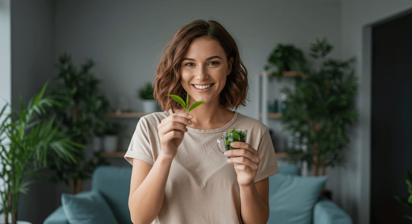 Smiling woman holding fresh green tea leaves and a small cup filled with green tea leaves in a cozy indoor setting.