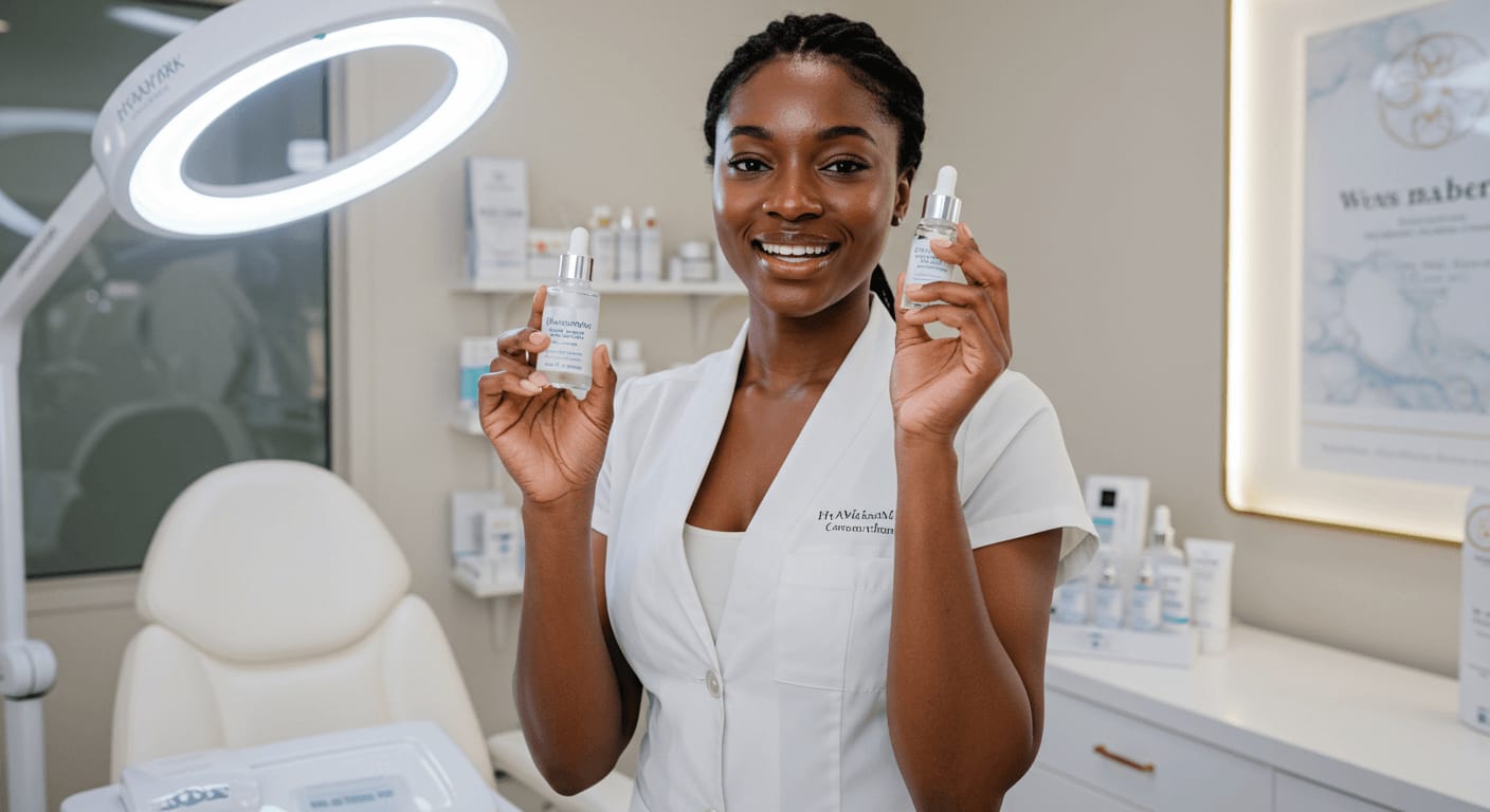 Skincare professional holding two hyaluronic acid serums in a clinic setting with a bright ring light and treatment chair.
