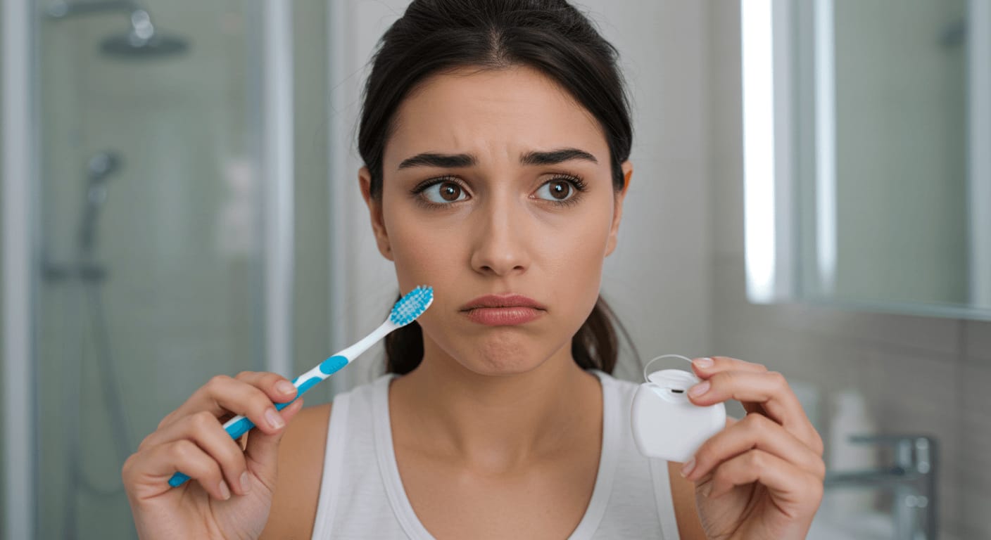 A young woman with a concerned expression holding a toothbrush in one hand and dental floss in the other, standing in a bathroom.
