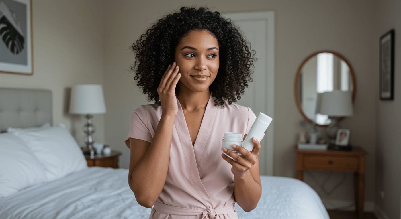 A woman in a soft pink robe applies skincare cream to her face while holding a jar and bottle of skincare products.