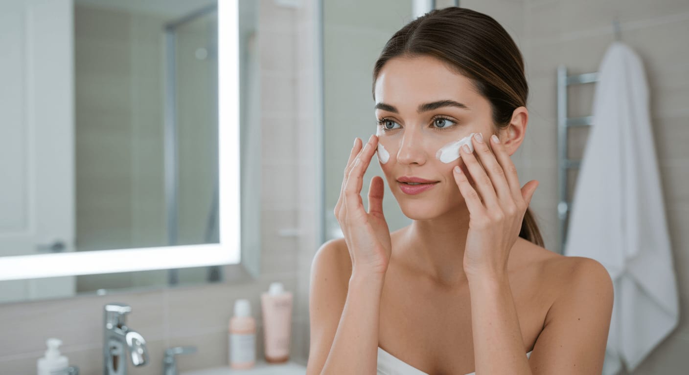 A young woman applying facial cream in a well-lit modern bathroom, focusing on her skincare routine.