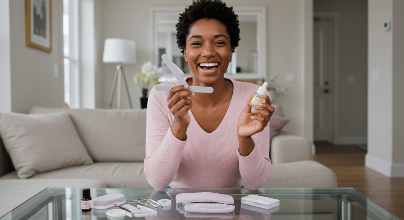 A joyful woman holds nail files and cuticle oil while sitting at a table with manicure tools in a cozy living room.