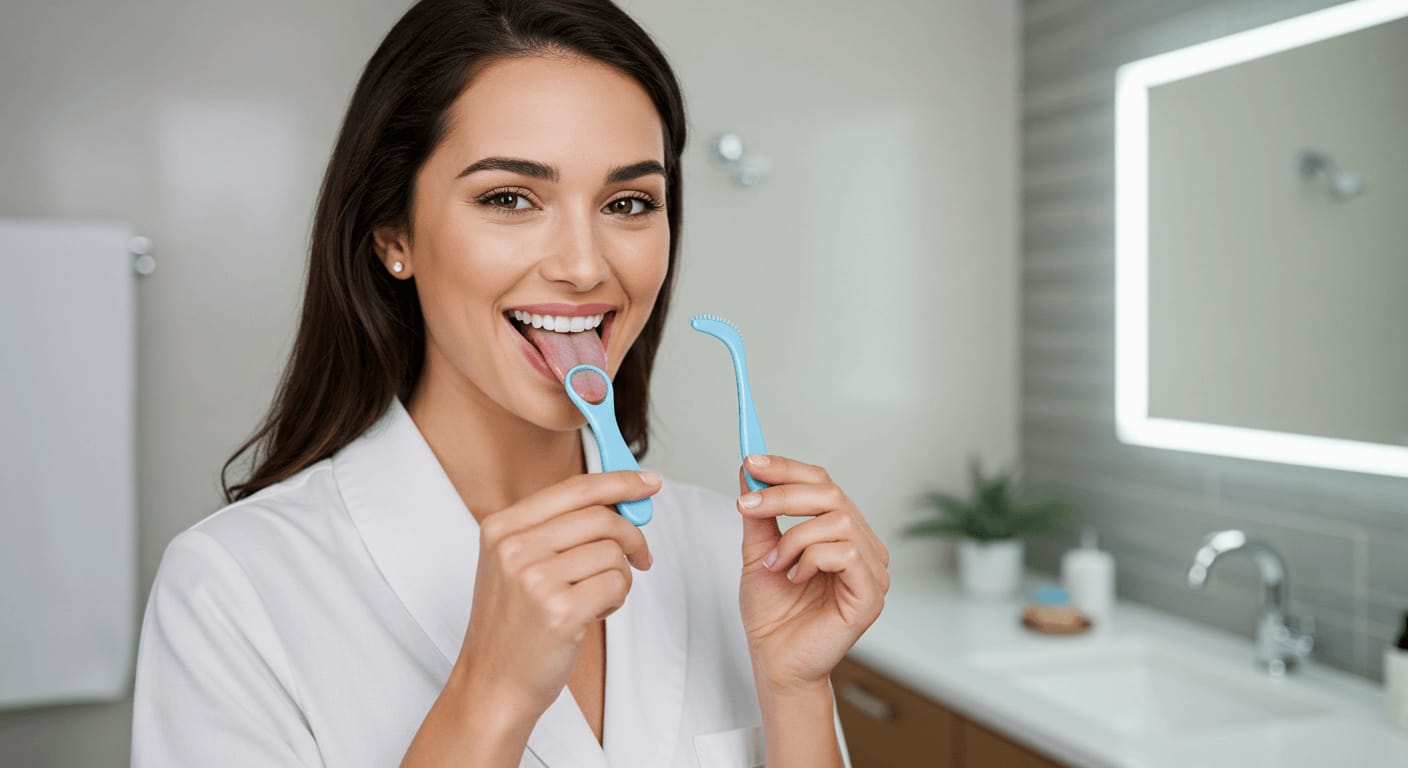 A smiling woman in a bathroom using a tongue scraper while holding another tongue-cleaning tool.