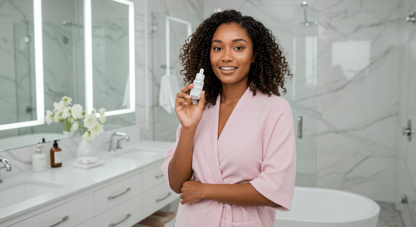 Woman in a soft pink robe standing in a luxurious bathroom, holding a niacinamide serum with a bright and confident smile.