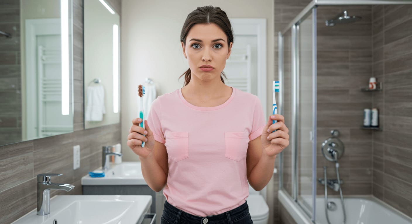 A young woman with a concerned expression holding an old, worn-out toothbrush in one hand and a new toothbrush in the other, standing in a bathroom.