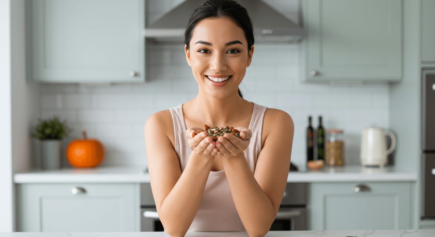 A smiling woman in a beige tank top holds a handful of mixed nuts and seeds in a bright, modern kitchen, highlighting their skin-boosting benefits.