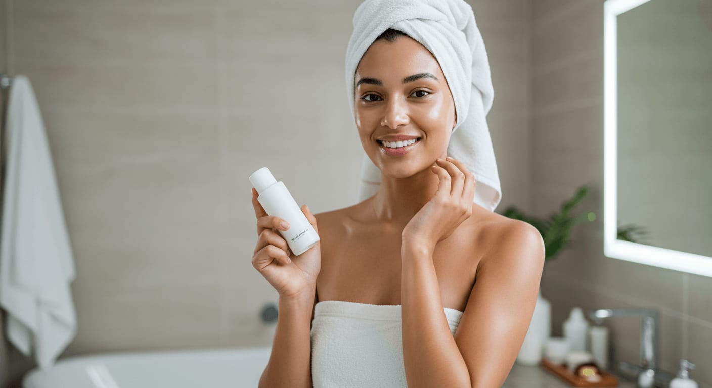 A radiant woman in a white towel wrap holds a skincare bottle in a modern bathroom, highlighting solutions for oily skin.