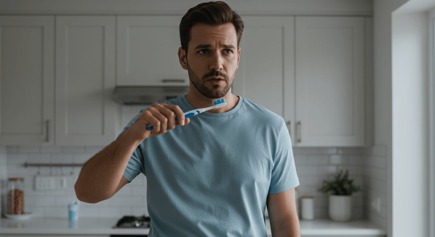 A concerned man holding a toothbrush in a modern kitchen, appearing unsure about his brushing technique.