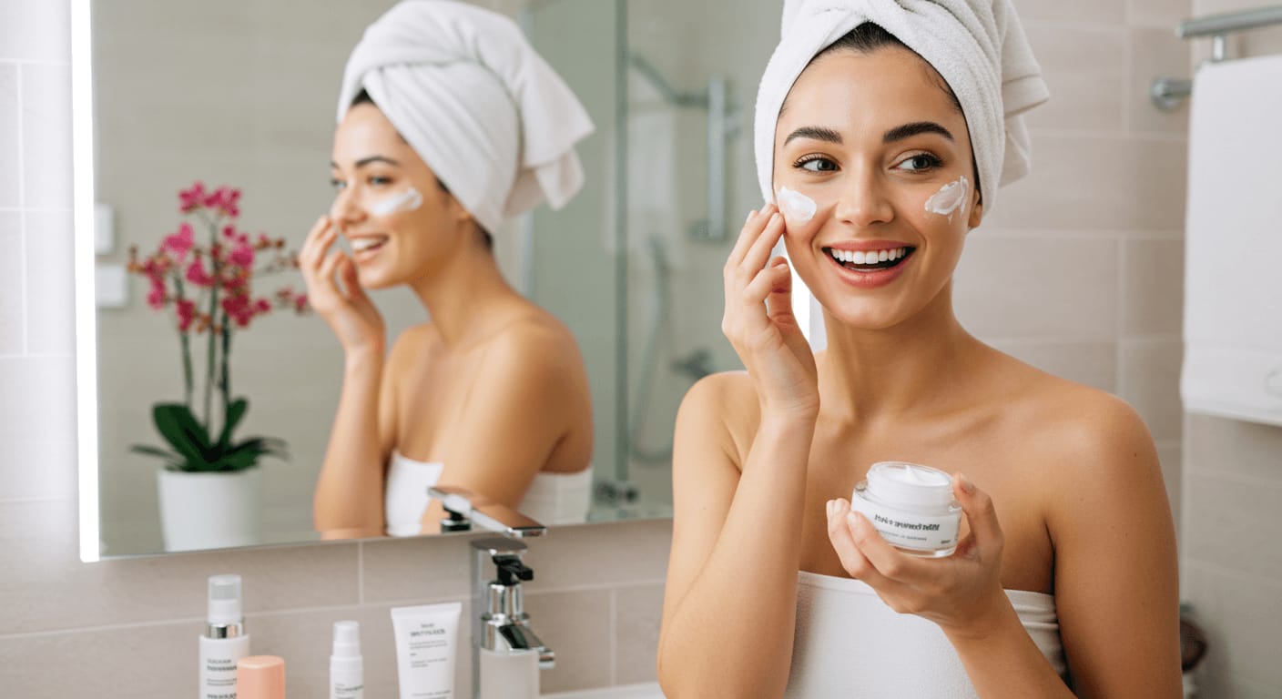 Smiling woman in a towel wrap applying a peptide face cream in front of a bathroom mirror.