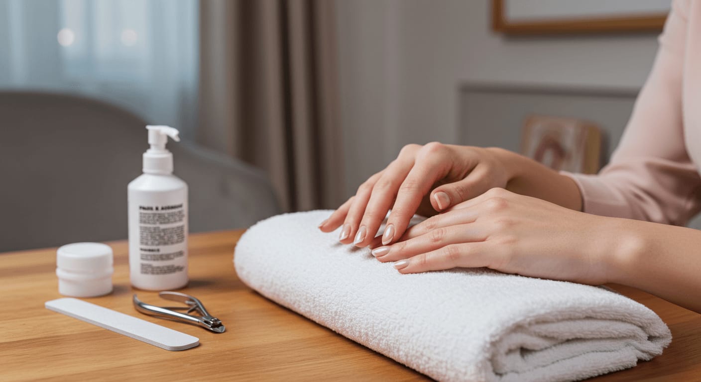 A woman’s hands rest on a white towel, surrounded by manicure tools and nail care products in a cozy setting.