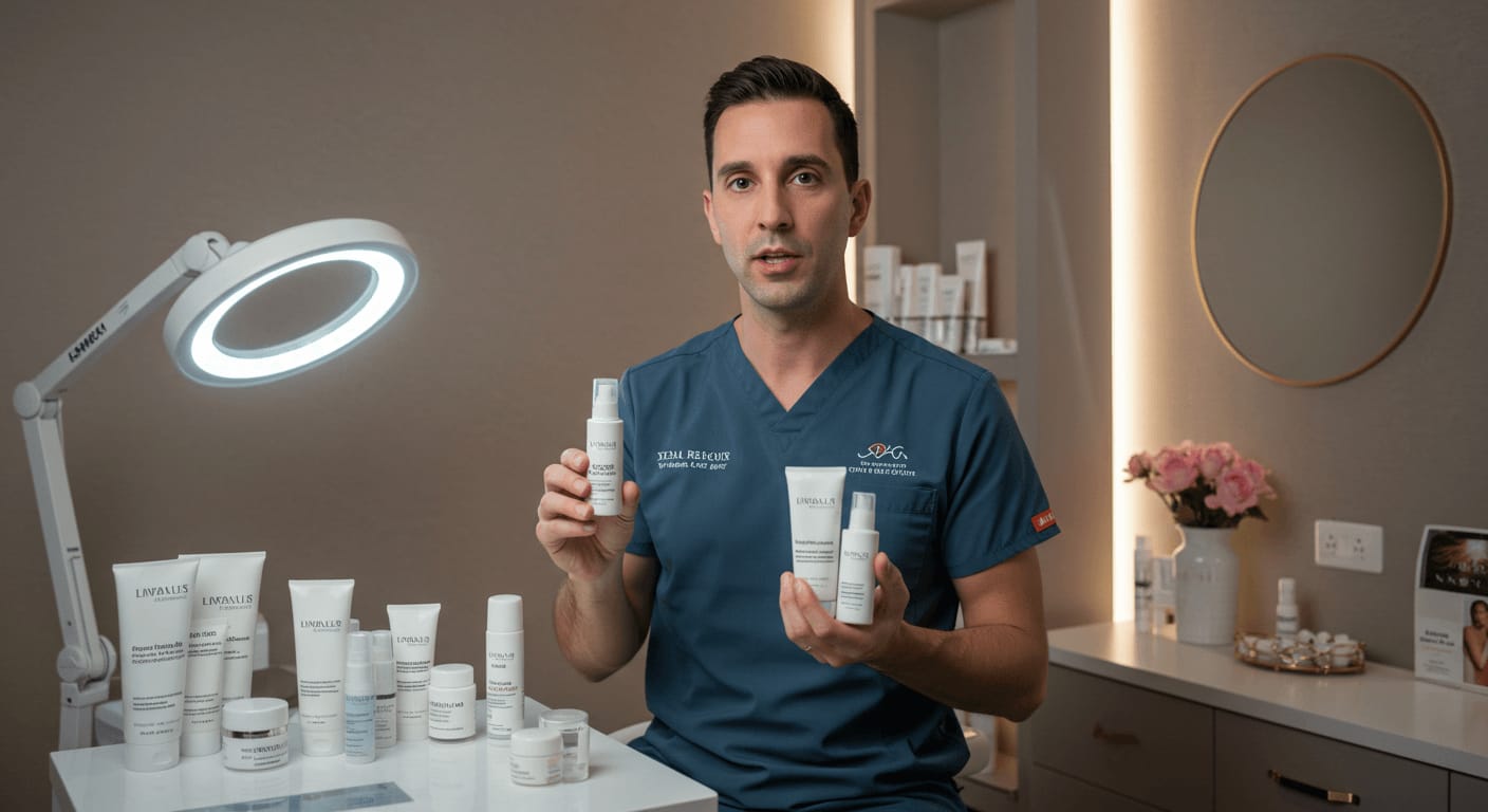 A dermatologist in a clinic holding skincare products while explaining their benefits.