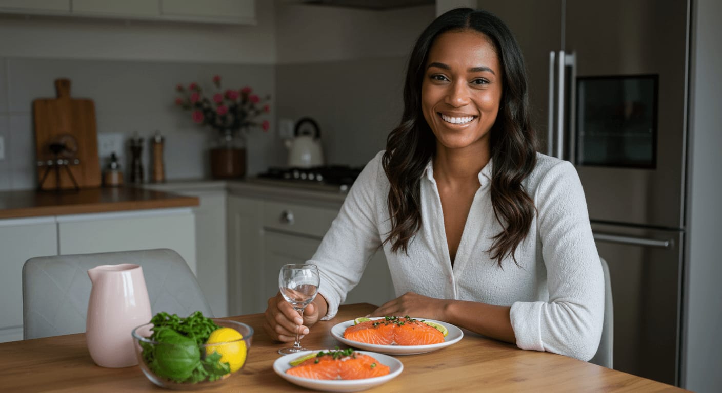A smiling woman in a white blouse sits at a kitchen table with two plates of fresh salmon, holding a glass of water, highlighting the skin-nourishing benefits of omega-3 fatty acids.