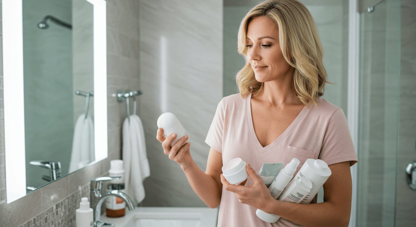 A woman examines a skincare product while holding multiple skincare bottles in a modern bathroom.