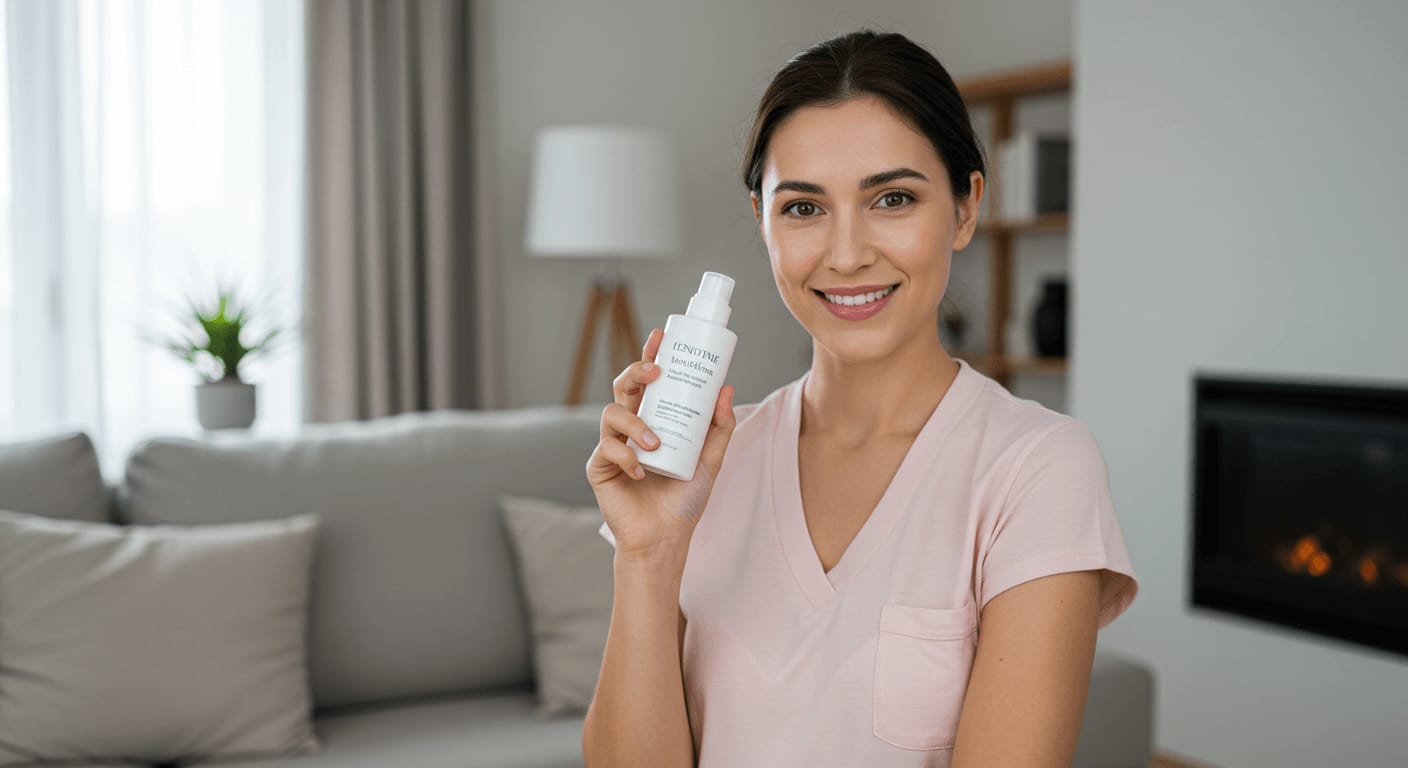 A woman with glowing skin holds a skincare bottle, promoting gentle products for sensitive skin in a cozy, well-lit living room.