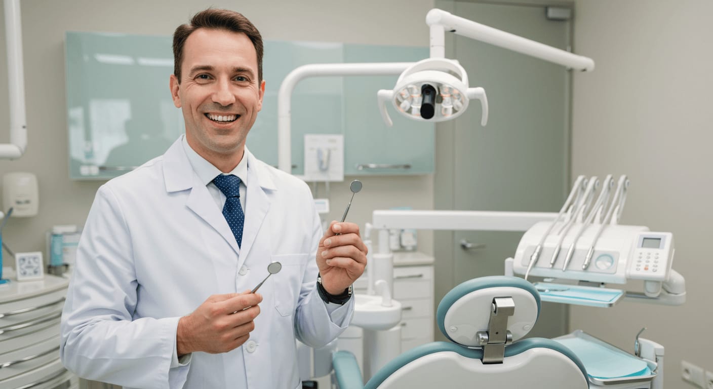 A smiling male dentist holding dental tools in a modern clinic.