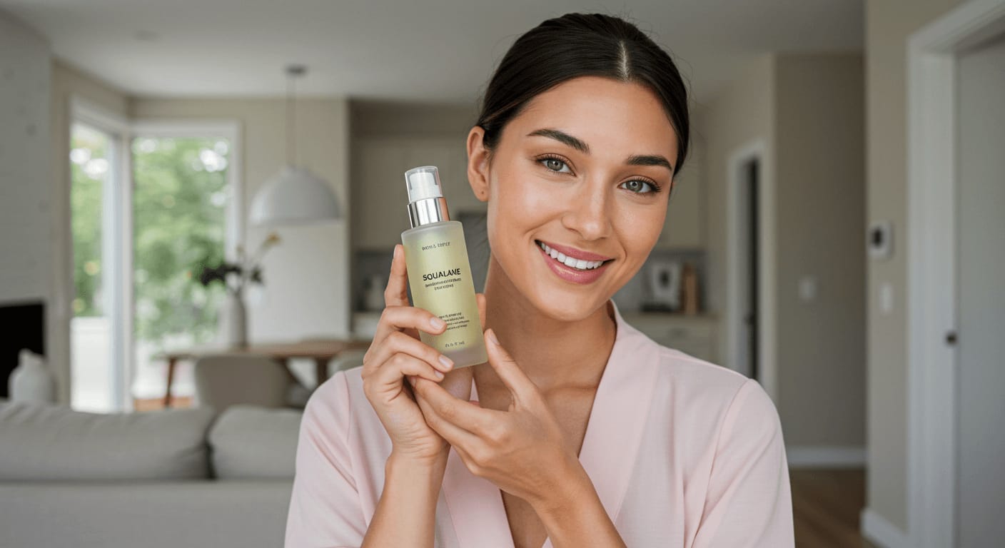 Woman holding a skincare bottle labeled "Squalane" with a smile, standing in a softly lit home interior.