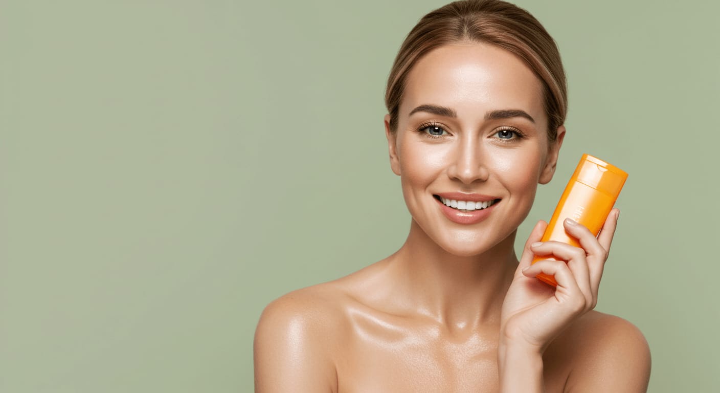 A radiant woman with flawless skin holds an orange skincare bottle, symbolizing sun protection and repair, against a soft green background.