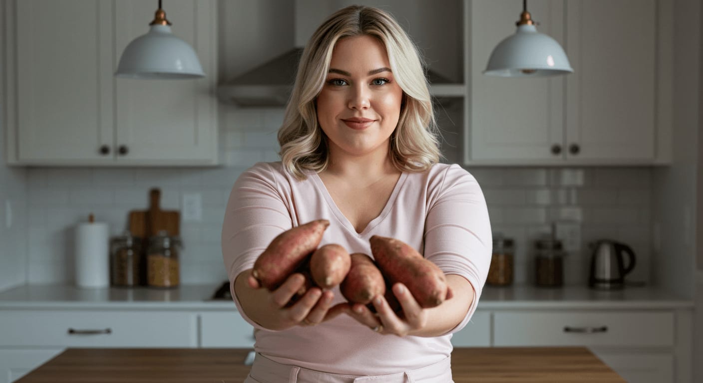 A confident woman in a soft pink top holds a handful of fresh sweet potatoes in a modern kitchen, highlighting their skin-nourishing benefits.
