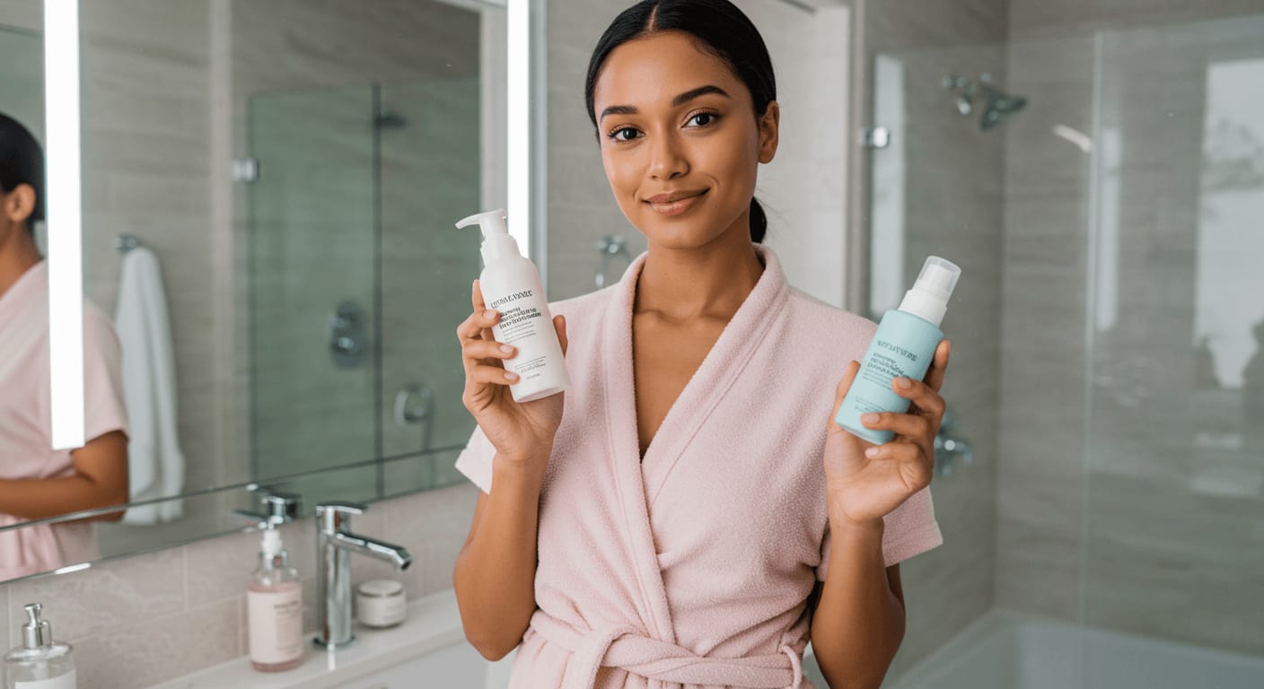 A woman in a pink robe stands in a modern bathroom, holding two different skincare cleansers with a confident smile.