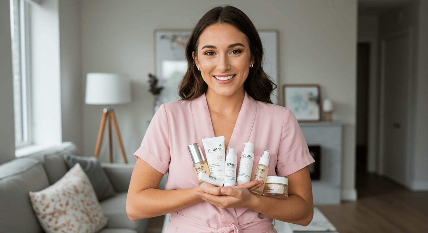 A smiling woman in a pink robe holding an assortment of skincare products in a cozy, modern living room.
