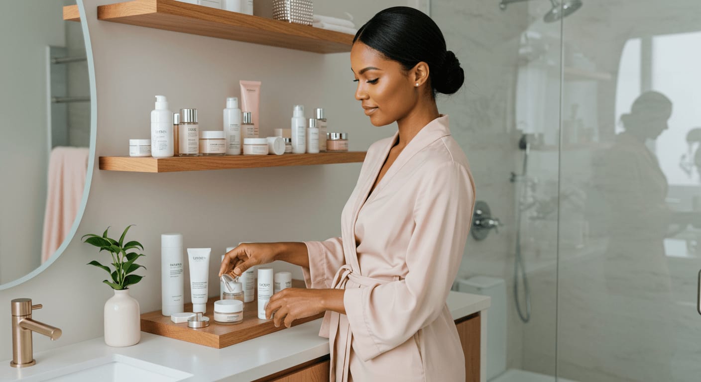 A woman in a beige robe organizing skincare products on wooden shelves in a modern bathroom.