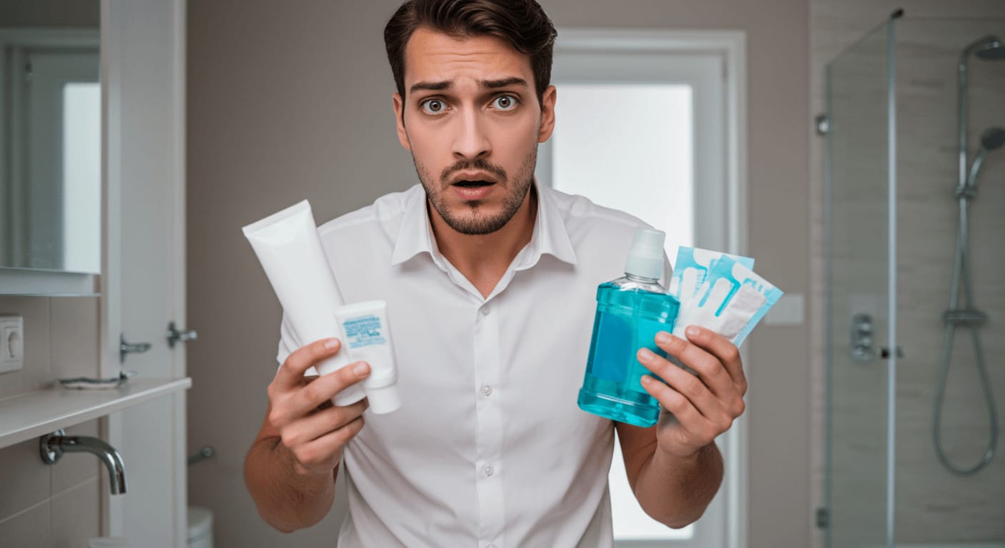 A young man with a confused expression holding various oral care products, including toothpaste, mouthwash, and dental strips, in a bathroom.