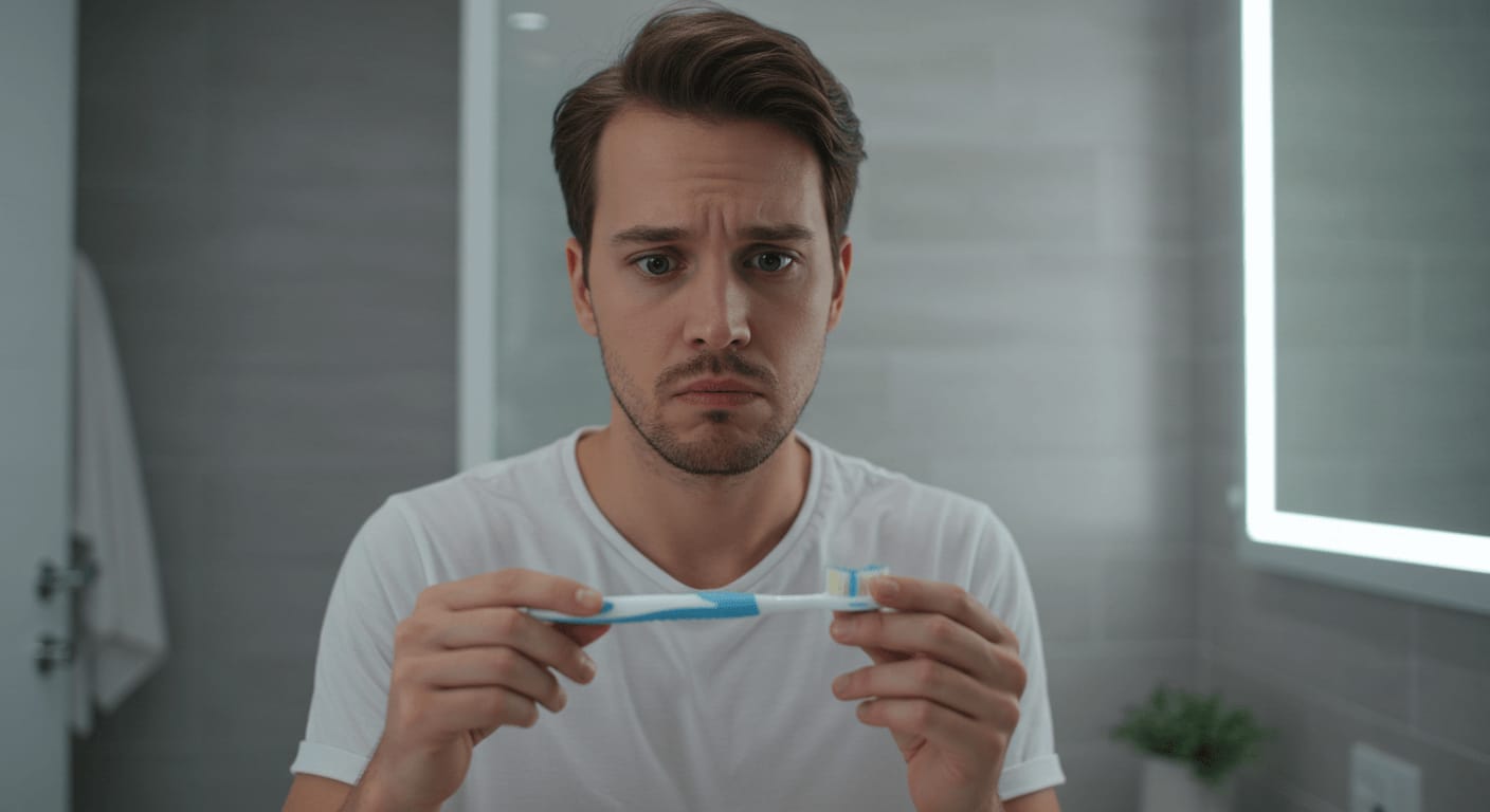A young man with a concerned expression examining a toothbrush with worn-out bristles in a bathroom.