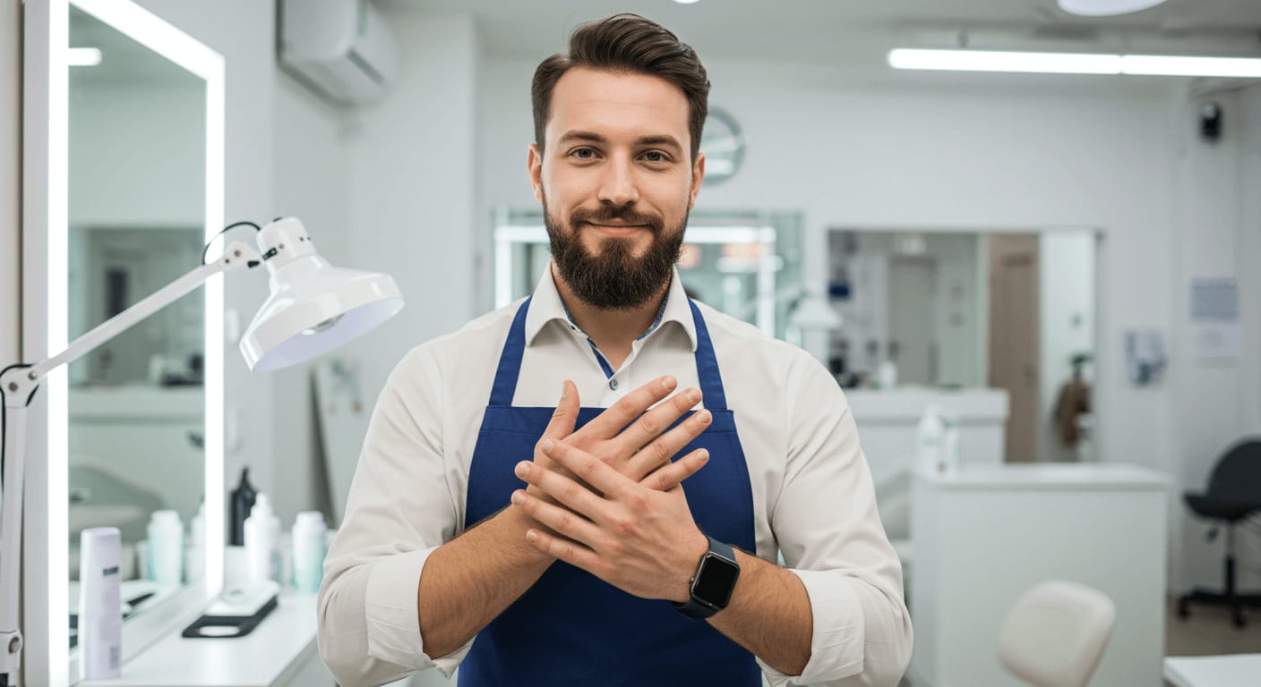 A confident male nail technician in a modern salon proudly displays his well-groomed hands.